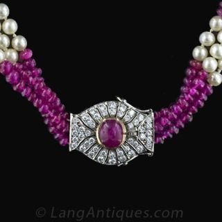 Ruby Bead and Natural Pearl Necklace