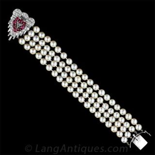 Ruby, Diamond, Cultured Pearl Platinum Bracelet