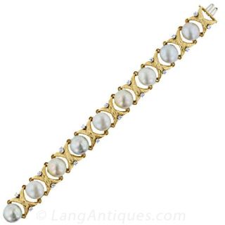 Ruser Diamond, Pearl, 18K Yellow Gold Bracelet