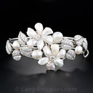 'Ruser' Freshwater Pearl Flowers and Diamond Leaves Bangle Bracelet - 2