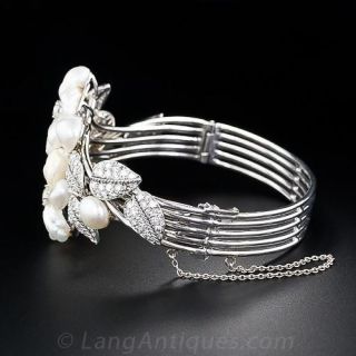 'Ruser' Freshwater Pearl Flowers and Diamond Leaves Bangle Bracelet