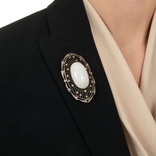 Russian Art Deco White Opal and Diamond Brooch