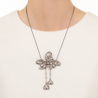 Russian Bow Motif Diamond Dangle Necklace/Brooch, Circa 1910