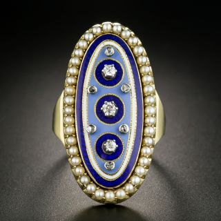 Russian Enamel Locket Ring with Diamonds and Pearls - 2