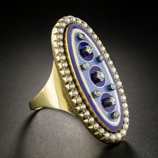 Russian Enamel Locket Ring with Diamonds and Pearls
