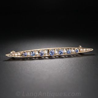 Sapphire and Pearl Bar Pin by Krementz