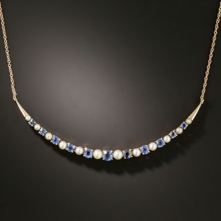 Sapphire and Pearl Crescent Necklace  - 2