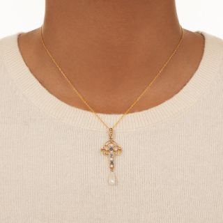 Sapphire and Pearl Drop Necklace by Krementz, Circa 1900