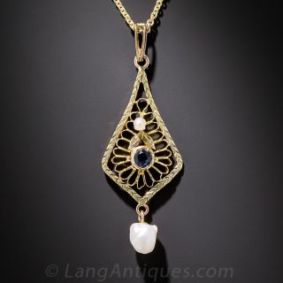 Sapphire and Pearl Filigree Pendant - c.1905 - 1