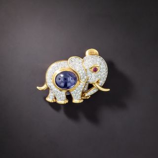 Sapphire, Diamond and Ruby Elephant Brooch - GIA  - 1