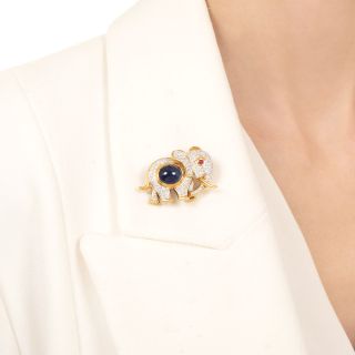 Sapphire, Diamond and Ruby Elephant Brooch - GIA 