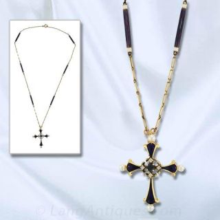 Sapphire, Diamond, Pearl and Enamel Cross Pendant