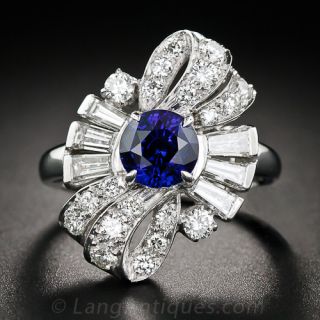 Sapphire, Platinum and Diamond Bow Ring