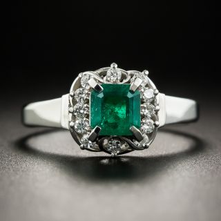 Small Platinum Emerald and Diamond Ring - 1