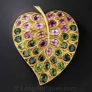 Seaman Schepps Pink and Green Tourmaline Large Leaf Brooch