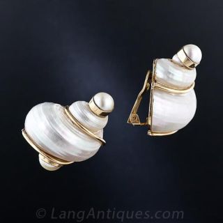 Seaman Schepps Shell and Pearl  Clip Earrings