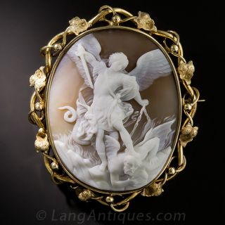 Shell Cameo Brooch of Archangel Michael Slaying Satan