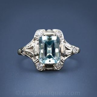 Shiny Aquamarine and Diamond Deco Ring