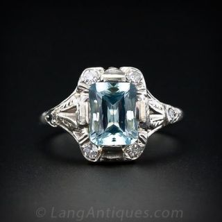 Shiny Aquamarine and Diamond Deco Ring
