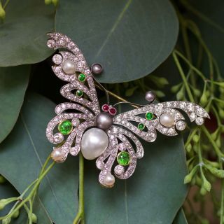 Shreve and Co. Edwardian Natural Pearl, Demantoid and Diamond Butterfly - GIA