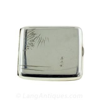 Silver Heron-Motif Japanese Cigarette Case