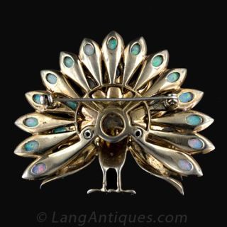 Silver Opal and Diamond Peacock Pin