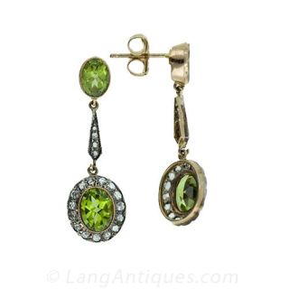 Silver over Gold Peridot and Diamond Drop Earrings