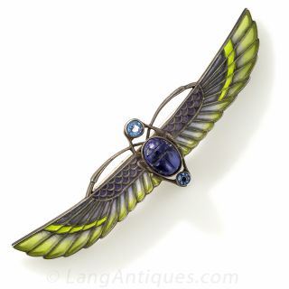 Silver Plique-a-Jour Egyptian Revival Winged Scarab Brooch