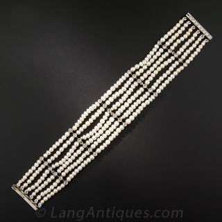 Six-Strand, Natural Pearl and Diamond Bracelet