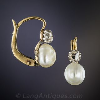 Small Antique Natural Pearl and Diamond Earrings