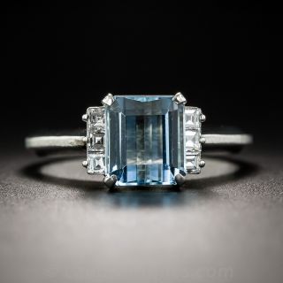 Small Aquamarine and Diamond Platinum Ring 