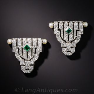 Small Art Deco Diamond and Emerald Dress Clips - 1