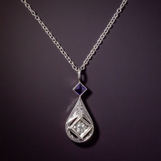 Small Art Deco Diamond and Sapphire Drop by Belais - 0