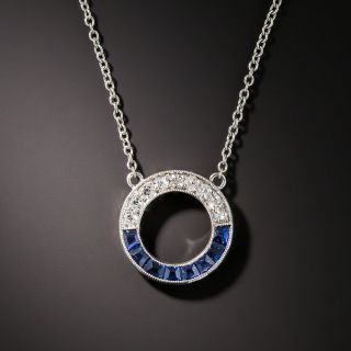 Small Art Deco Diamond Sapphire Platinum Circle Pendant - 2