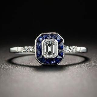 Small Art Deco Style Emerald-Cut Diamond and Sapphire Engagement Ring 
