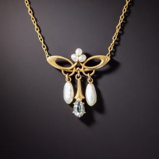 Small Art Nouveau Aquamarine and Freshwater Pearl Necklace - 1
