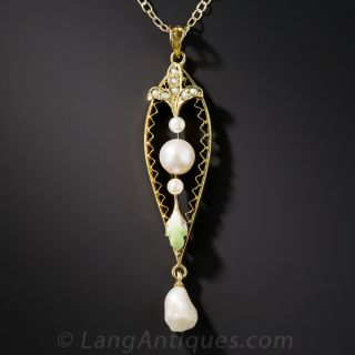 Small Art Nouveau Enamel and Pearl Pendant by Charles Keller & Co