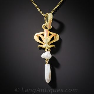 Small Art Nouveau Pearl and Enamel Lavaliere