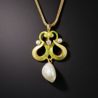 Small Art Nouveau Pearl, Enamel and Diamond Pendant - 2