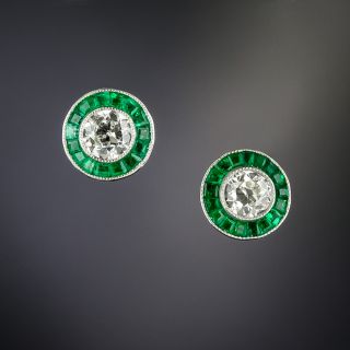 Small Diamond and Calibre Emerald Halo Earrings - 2