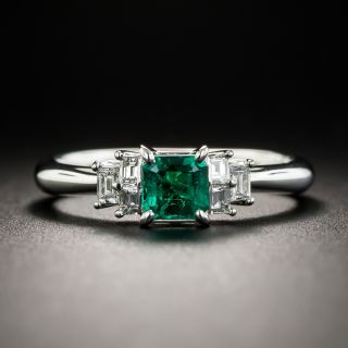 Small Emerald and  Baguette Diamond Platinum Ring