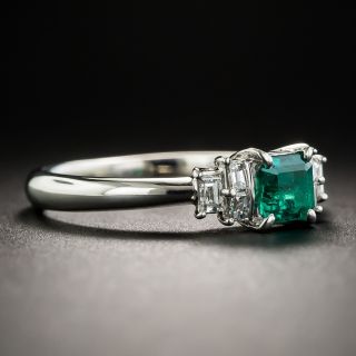 Small Emerald and  Baguette Diamond Platinum Ring