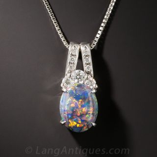 Small Gem Black Opal, Platinum and Diamond Pendant  - 2