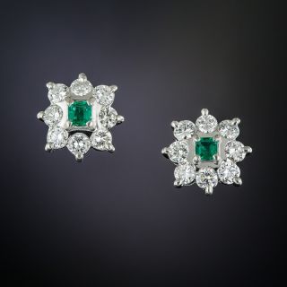 Small Platinum Emerald and Diamond Cluster Earrings - 1