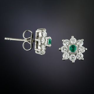 Small Platinum Emerald and Diamond Cluster Earrings