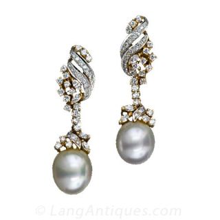 Estate Diamond South Sea Pearl Earrings