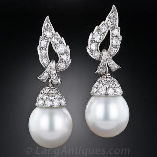 South Sea Pearl Diamond Platinum Drop Earrings