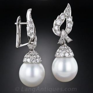 South Sea Pearl Diamond Platinum Drop Earrings
