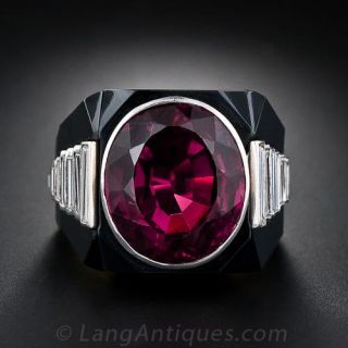 Spectacular Red Tourmaline, Diamond and Onyx Ring