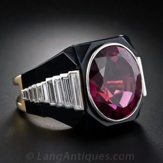 Spectacular Red Tourmaline, Diamond and Onyx Ring